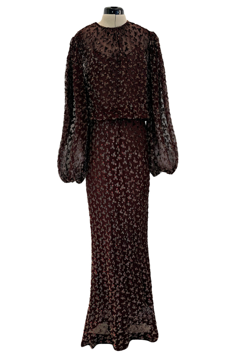 Stunning 1980s Oscar de la Renta Velvet Devore & Silk Chiffon Dress w Balloon Sleeves & Metallic Thread