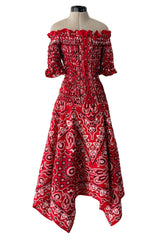 Amazing 1971 Oscar de la Renta Bandana Handkerchief Dress w Elastic Off Shoulder Bodice