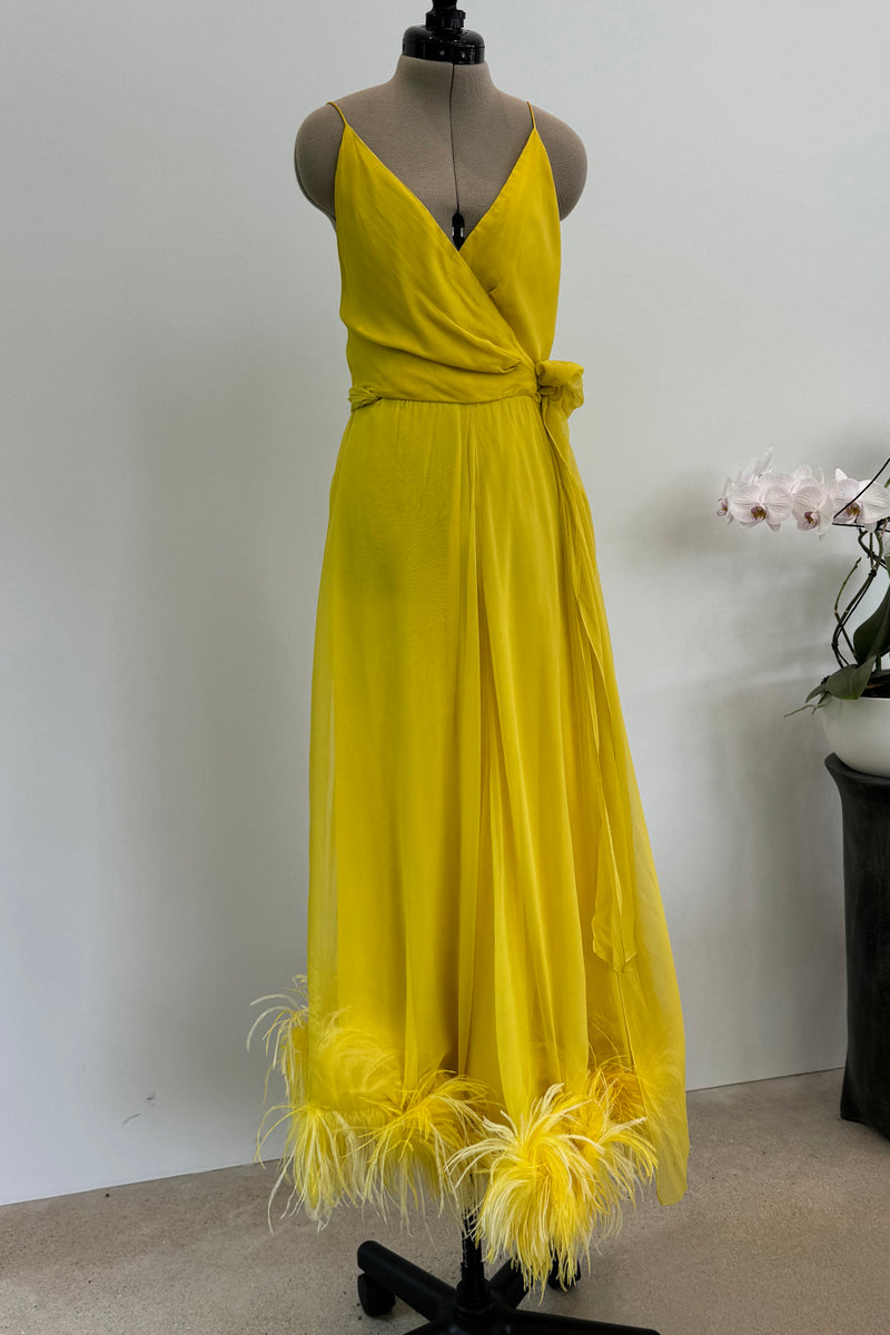 Oscar de la Renta 1970s Yellow Chiffon & Feather Dress