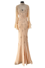 2000s Christian Dior by John Galliano Peach Silk Chiffon & Silver Beaded Bias Cut Dress