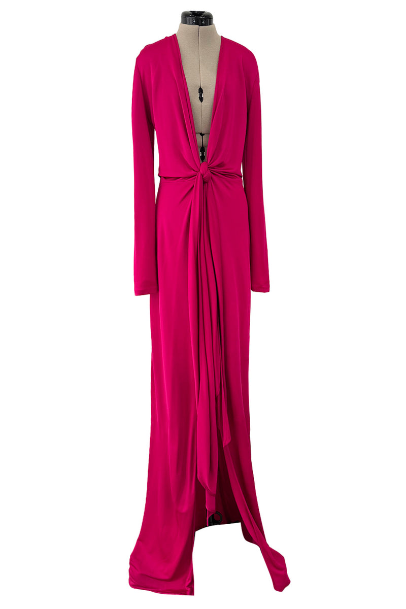 Spring 2018 Givenchy Deep Pink Long Tie Detailed Front Plunge Jersey Dress