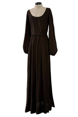 Gorgeous Fall 1975 Yves Saint Laurent Brown Silk Jersey Dress w Full Sleeves