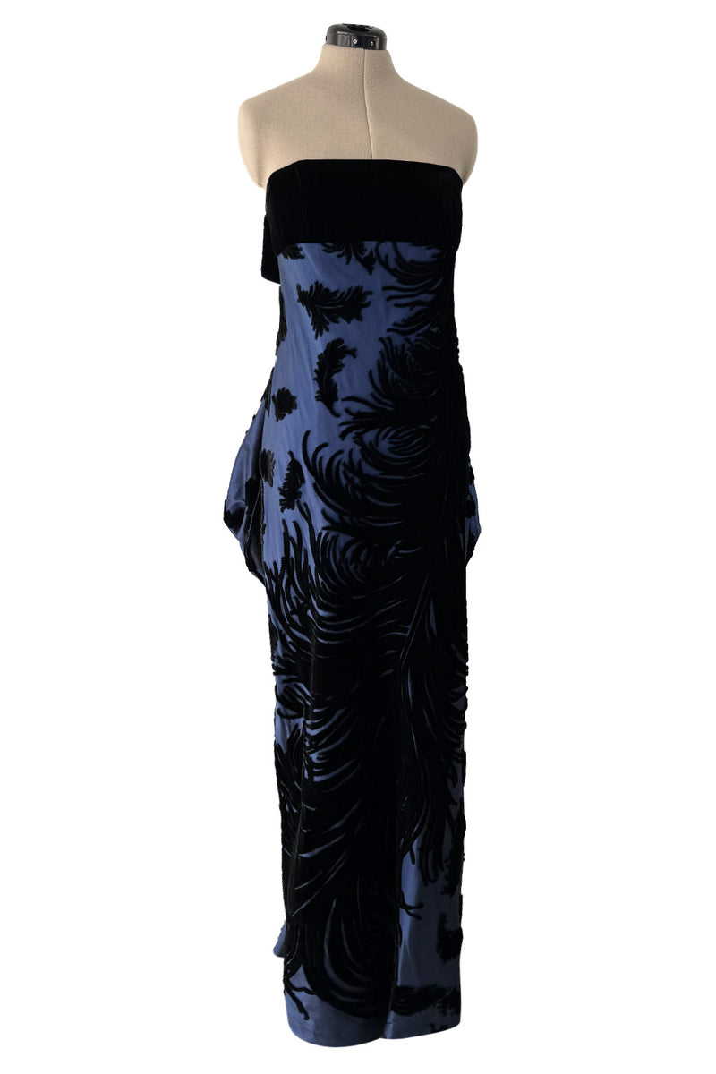 Incredible Fall 1987 Bill Blass Runway Deep Blue Silk & Black Velvet Dress w Back Bustles & Bows