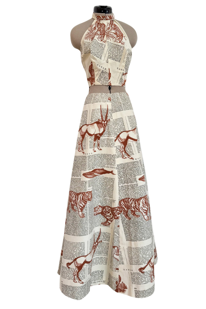 1970s Thea Porter WildLife & Text Printed Ivory Cotton Skirt & Halter Set