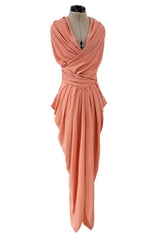 1990s Gianni Versace Pale Pastel Salmon Silk Crepe Wrapped Bodice & Bare Back Dress