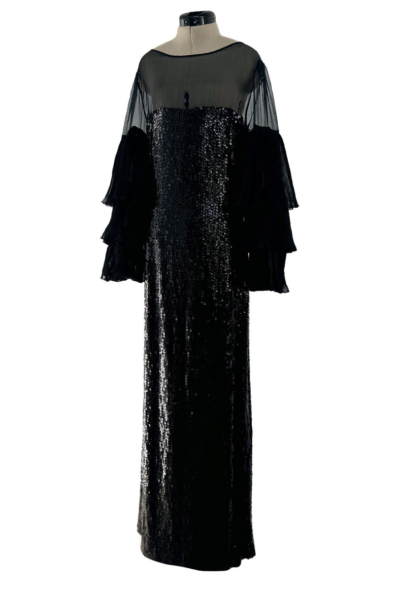 Killer 1980s Louis Feraud Black Sequin Dress w Amazing Tiered Silk Chiffon Sleeves