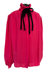 Prettiest 1970s Original Valentino Pink Silk Ruffle Top w Velvet Ties & Boxy Cut