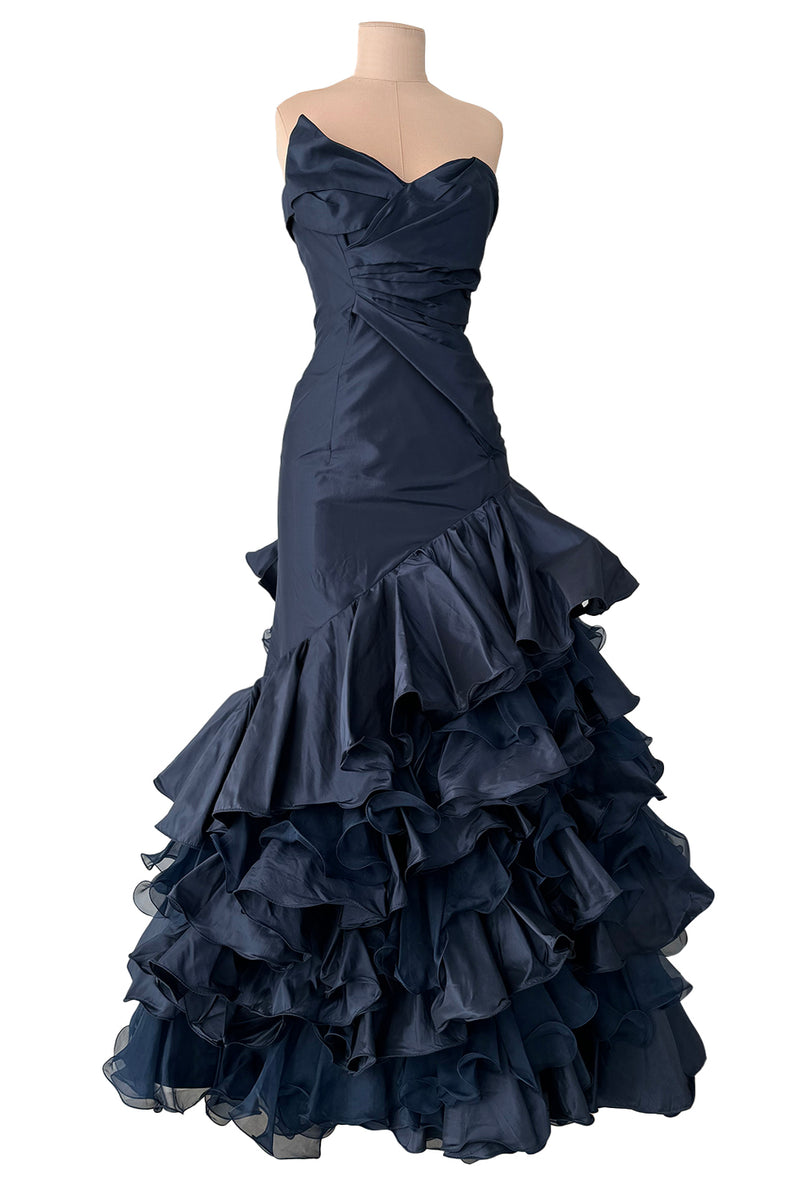 Resort 2011 Oscar de la Renta Runway Deep Blue Strapless Silk Dress w Elaborate Ruffled Skirt