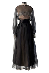 Dreamy 1960s Roger Freres Black Silk Organza Dress w Rhinestone Detailing