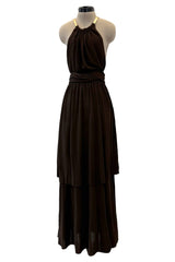 Fall 1975 Yves Saint Laurent Runway Brown Silk Jersey Backless Dress w Gold Leather Straps