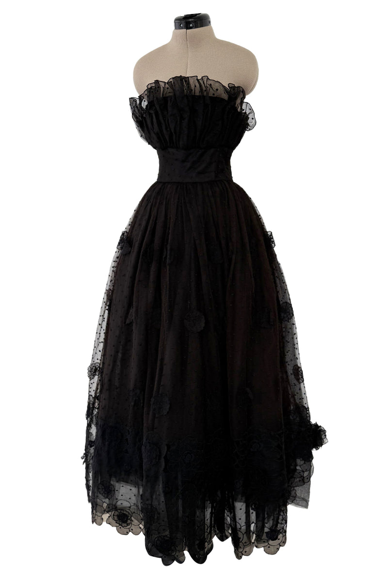 Prettiest 1960s Arnold Scaasi Black Strapless Dotted Net Dress w Flower Appliques