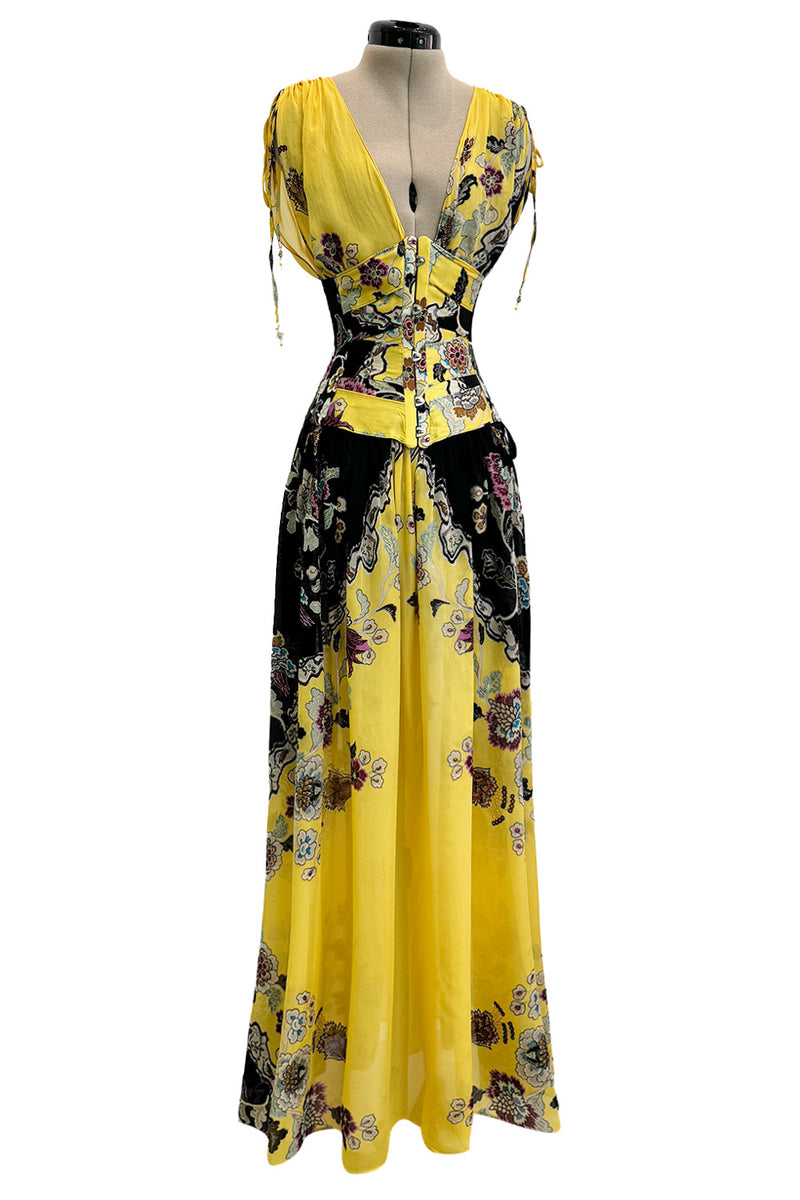 Incredible Spring 2003 Roberto Cavalli Light as Air Printed Silk & Silk Chiffon Maxi Skirt, Top & Corset Set