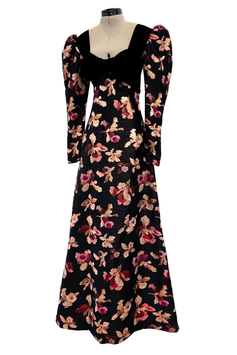 Stunning 1970s Givenchy Floral Silk Brocade Dress w Velvet Bodice & Bow