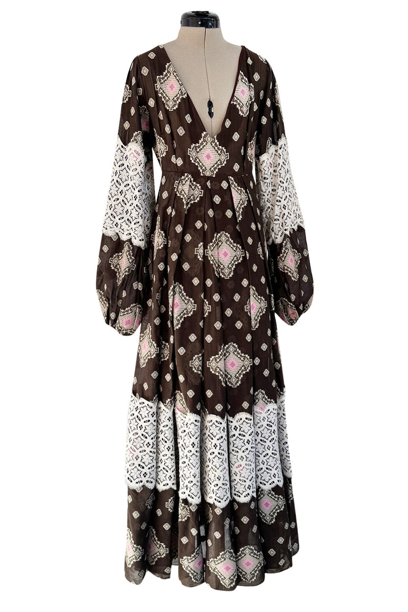 Fall 1971 Thea Porter Brocaded Cotton Gauze & Lace Flounce Dress