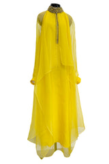 Prettiest Pre-Fall 2020 Gucci by Alessandro Michele Yellow Silk Dress Caftan w Jewel Collar & Front