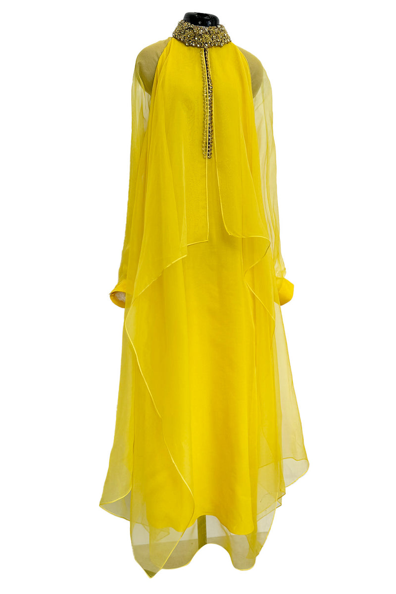 Prettiest Pre-Fall 2020 Gucci by Alessandro Michele Yellow Silk Dress Caftan w Jewel Collar & Front