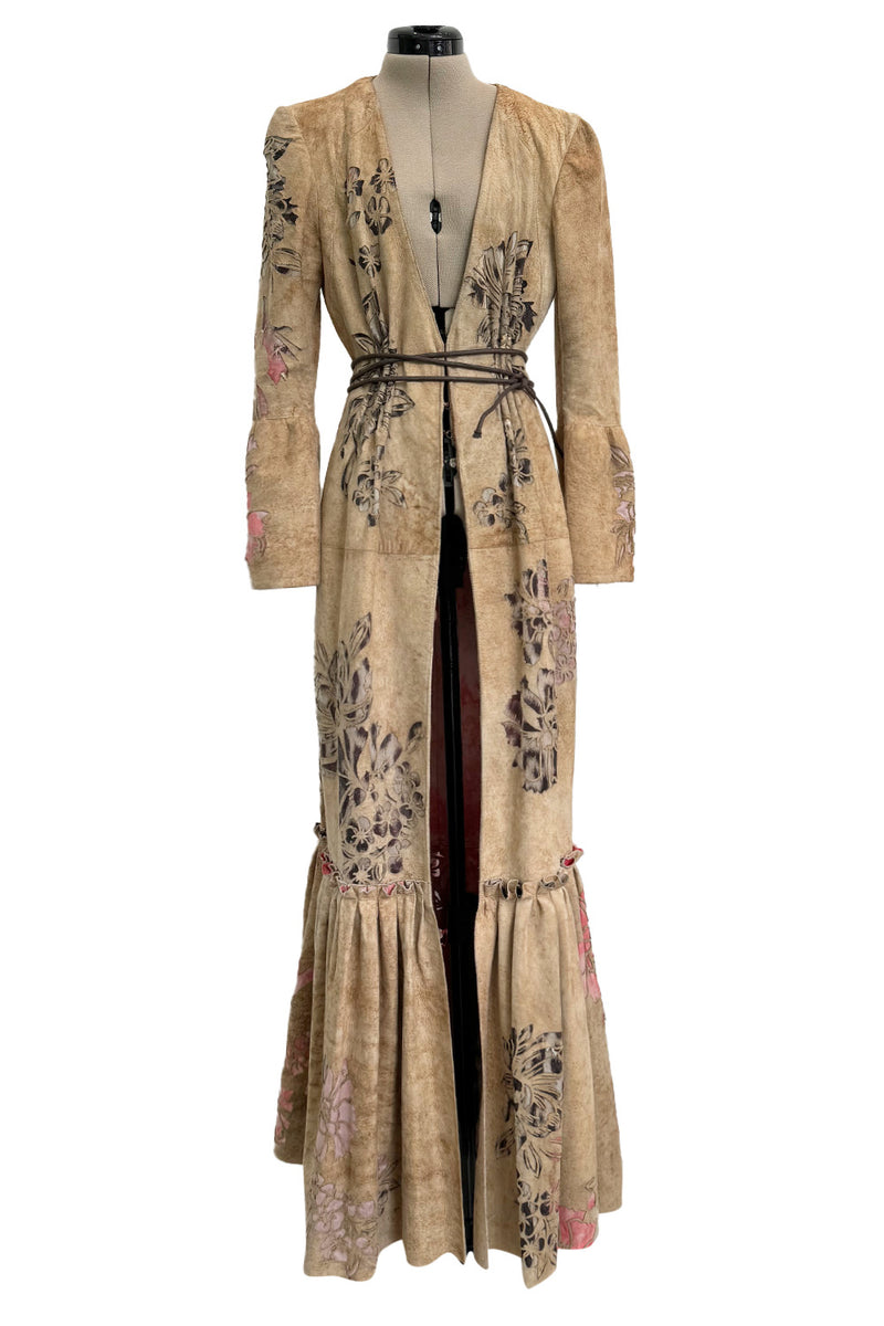 Extraordinary Spring 2002 Roberto Cavalli Runway Look 5 Hand Painted Distressed Suede Full Length Coat