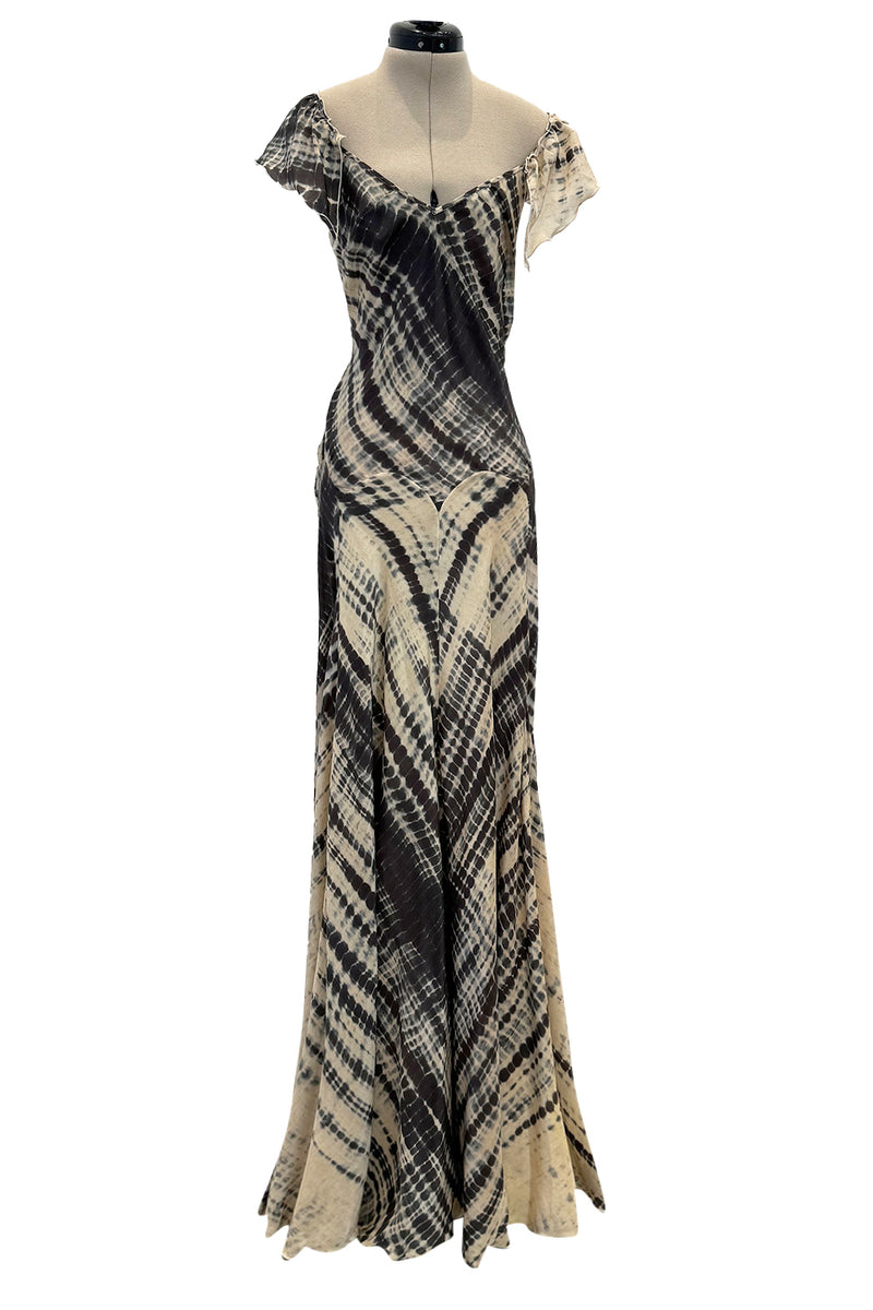 Spectacular Spring 2004 Alexander McQueen Backless Feather Light Silk Tie Dye Dress