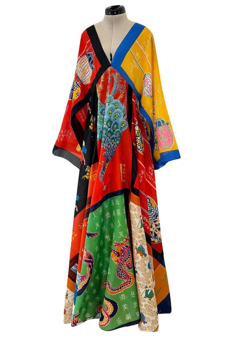 Iconic 1972 LaVetta Multi Scarf Printed Silk Caftan Dress w Wide Sleeves