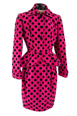 Rare 1988 Christian Lacroix Demi-Couture Luxe Pink & Black Dot Silk Suit