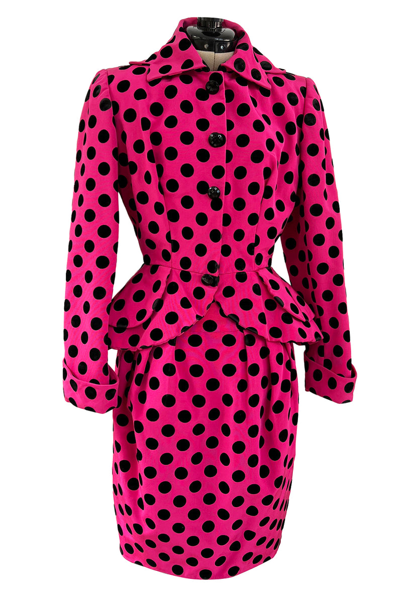 Rare 1988 Christian Lacroix Demi-Couture Luxe Pink & Black Dot Silk Suit