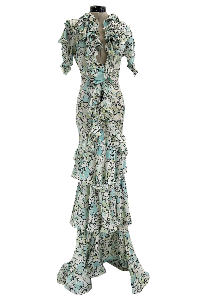 Spring 2006 Roberto Cavalli Runway Look 36 Silk Chiffon Floral Print Dress w Daring Plunges