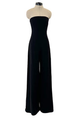 Fabulous 1980s Unlabeled Halston Black Strapless Cashmere Jumpsuit w Built in Inner Corset