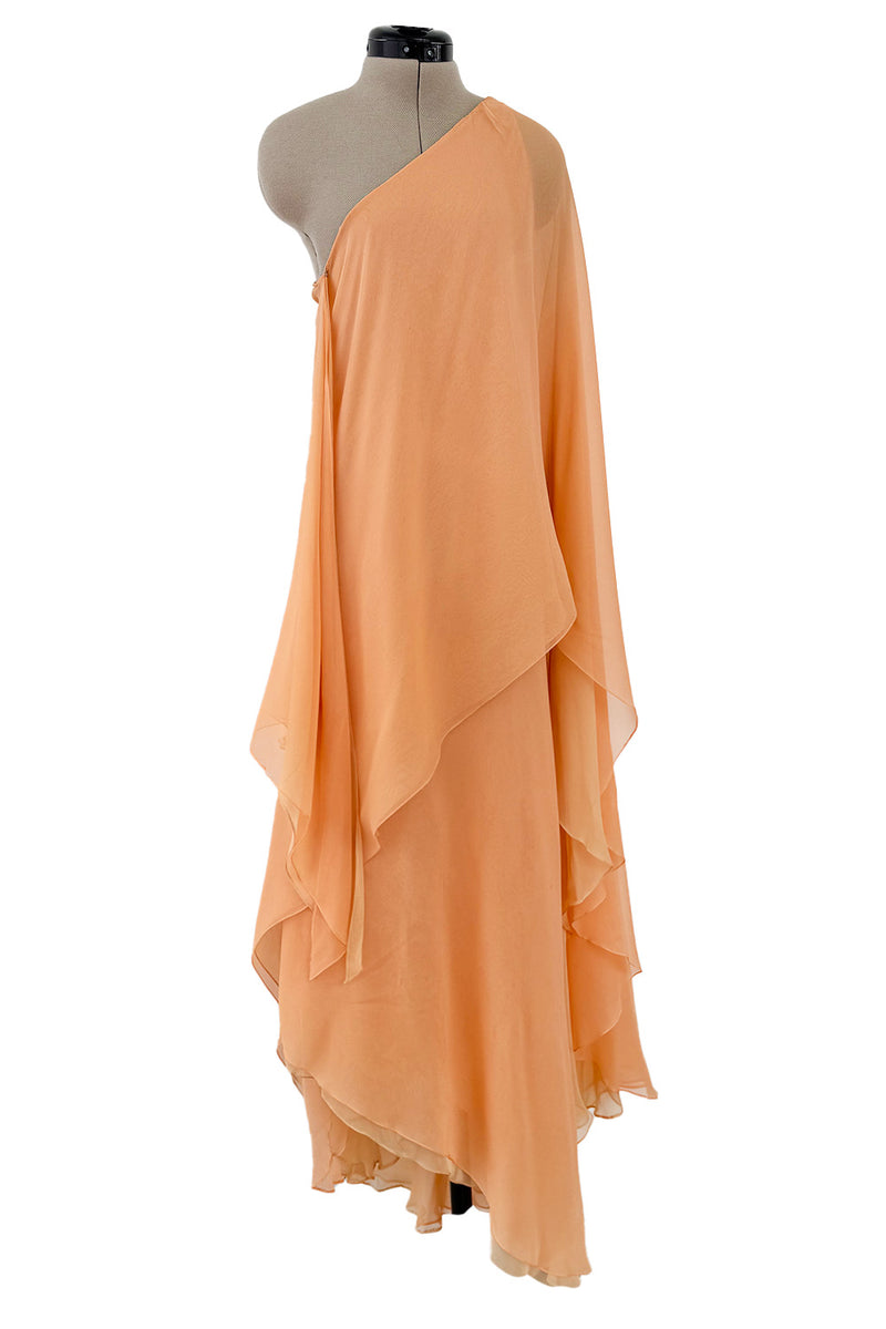 c. Resort 1976 Halston Couture Pastel Peach Silk Chiffon One Shoulder Spiral Dress