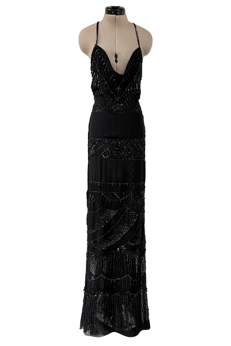 Gorgeous Fall 2003 Valentino Densely Beaded Bias Cut Black Silk Chiffon Dress