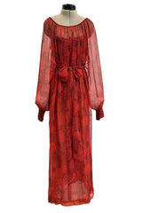 1970s Christian Dior by Marc Bohan Deep Coral Silk Chiffon Caftan Dress w Sash