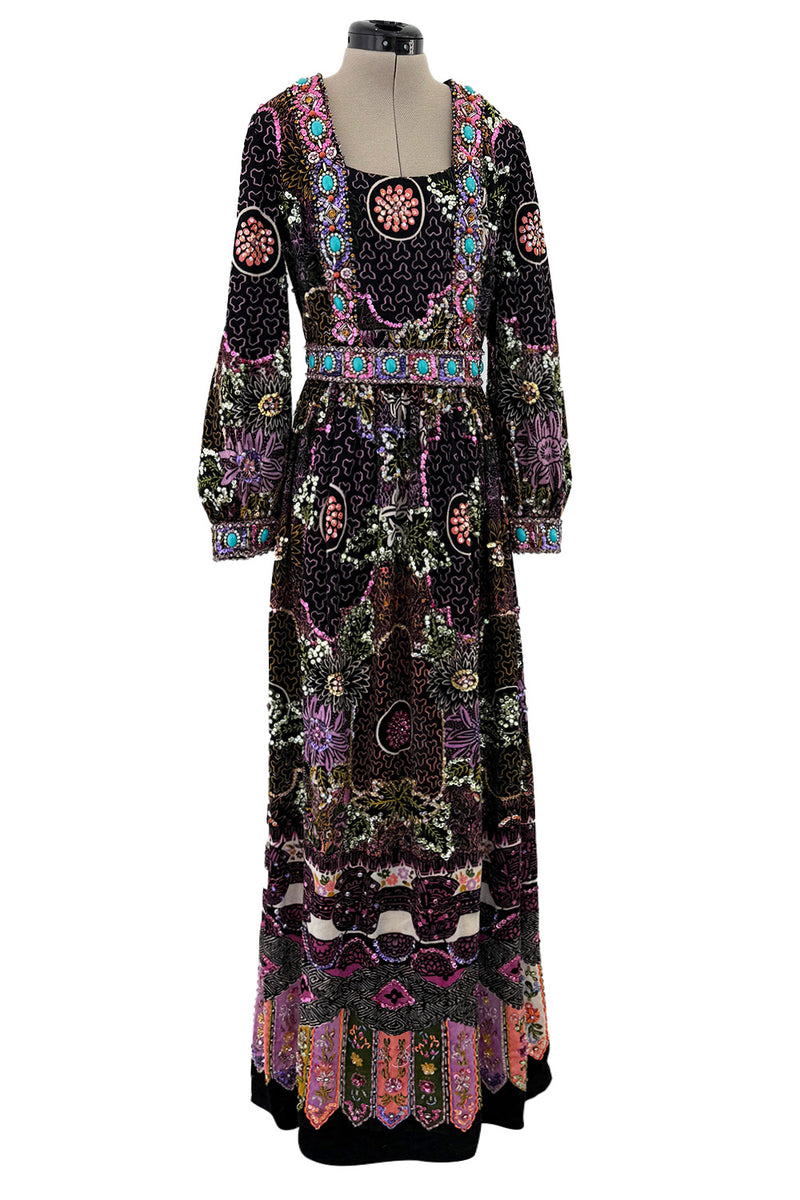 Amazing 1970s Valentina Inc. Elaborate Sequin & Bead on Printed Felt Dress