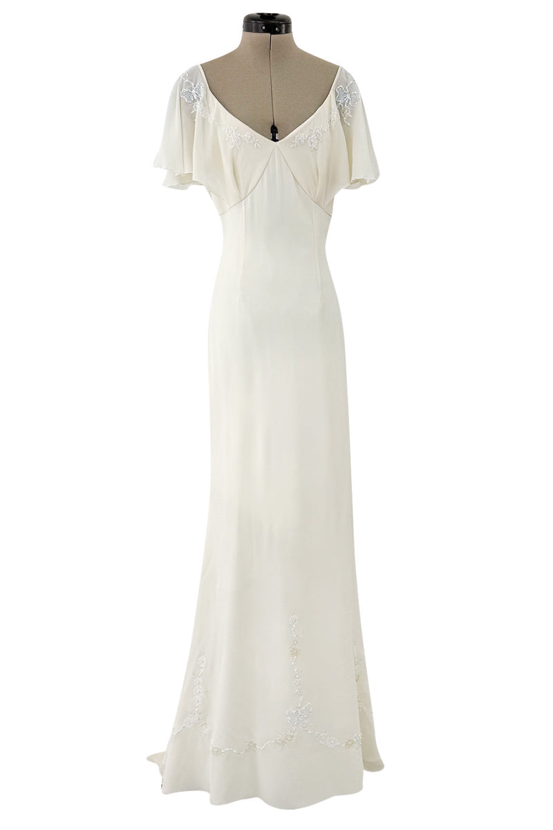 Pretty 2000s Blumarine Sposa Ivory Cape Sleeve Wedding Dress w Train & Emrpoidery