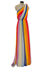 Resort 2019 Carolina Herrera by Wes Gordon Look 7 One Shoulder Rainbow Stripe Silk Chiffon Dress