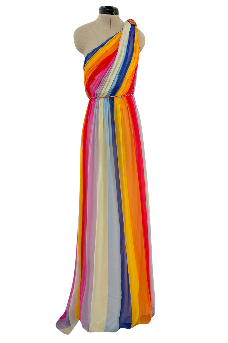 Resort 2019 Carolina Herrera by Wes Gordon Look 7 One Shoulder Rainbow Stripe Silk Chiffon Dress