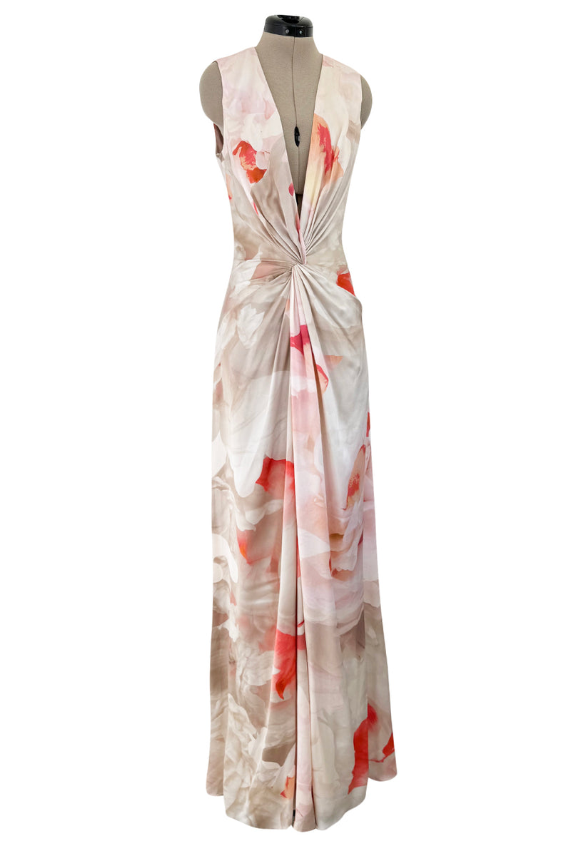 Beautiful 2010 Alexander McQueen Draped Silk Dress w Oversized Soft Floral Print & Deep Front Plunge