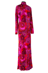 1972 La Mendola 'Paridiso' Peacock Feather Print Deep Pink Silk Jersey Dress