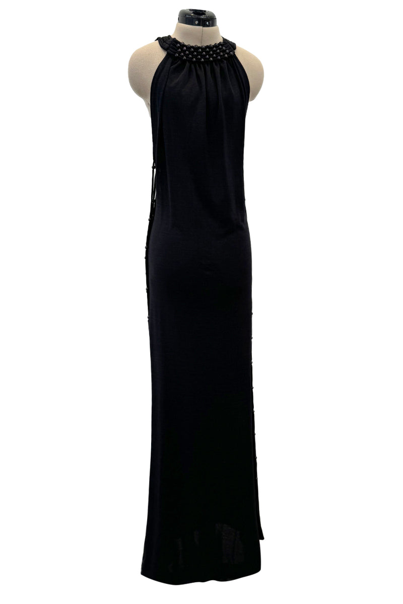 Rare Fall 1971 Loris Azzaro Black Jersey Dress w Bead & Crisscross Backless Dress