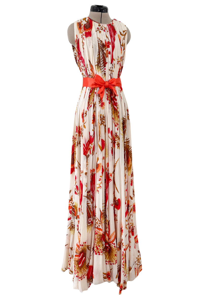 Prettiest 1980s Bill Blass Pleated Silk Chiffon Dress w Coral Flower & Fern Print