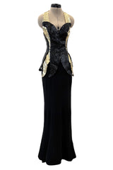 c.1973 Loris Azzaro Backless Black Jersey Dress w Gold & Black Sequin Flame Halter Top