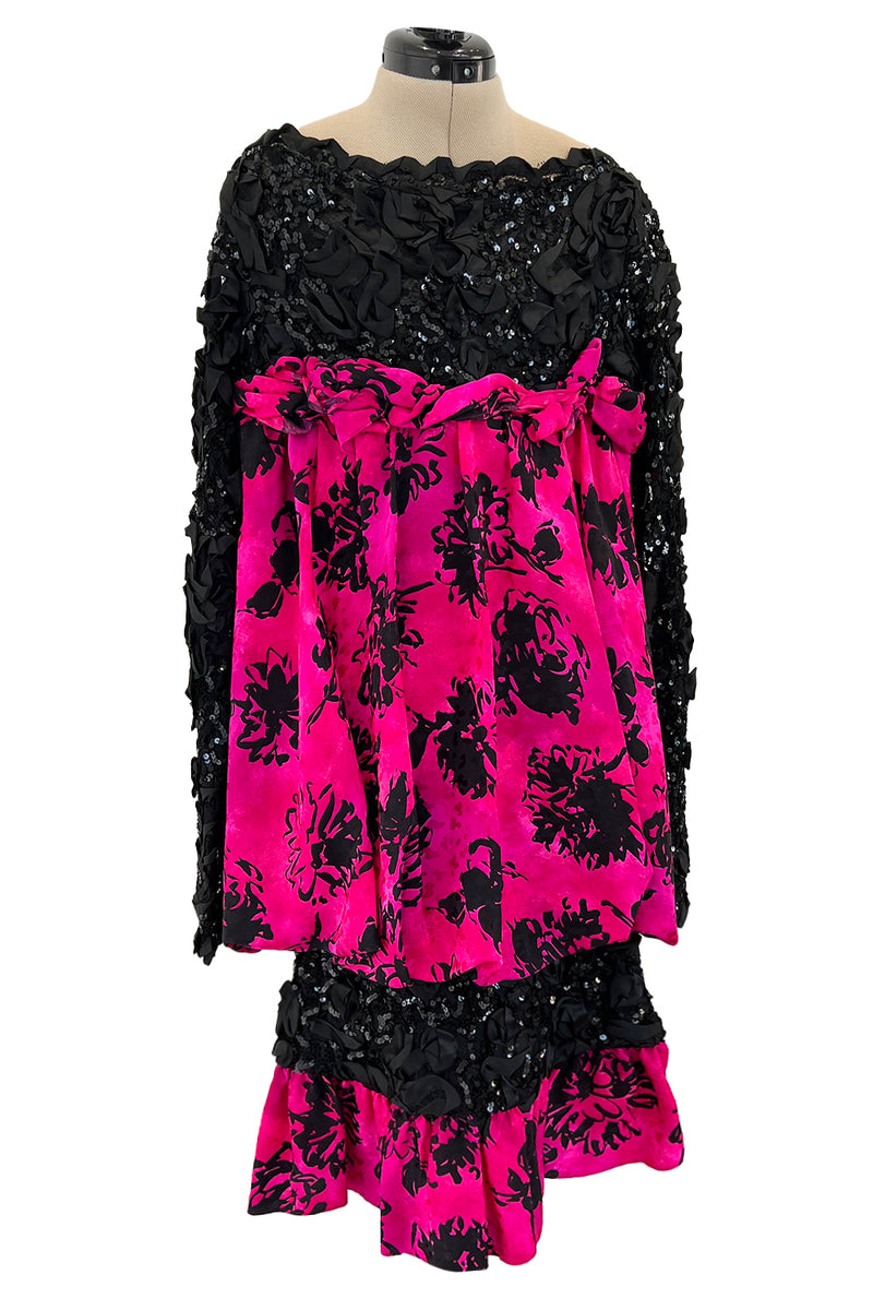 Dramatic Fall 1987 Yves Saint Laurent Runway Pink & Floral Silk Dress w Lace & Sequin Detail