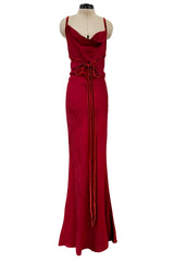 Fall 1999 John Galliano Deep Red Patterned Silk Bias Cut Backless Dress w Velvet Ribbon Details