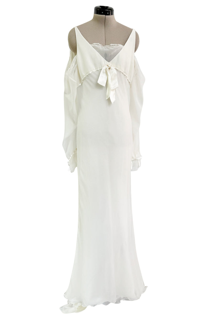 Prettiest 2000s Blumarine Sposa Ivory Chiffon Wedding Dress w Attached Sleeves & Open Shoulder