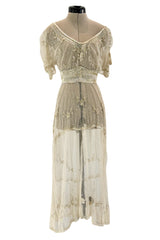 Beautiful 1910 Unlabeled Heirloom Ivory Net Wedding Dress w Elaborate Sequin & Bead Work