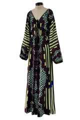 Late 1970s James Galanos Silk Chiffon Printed Jumpsuit w Wide Legs & Plunge Front