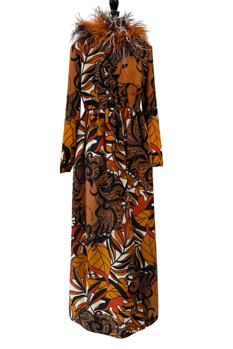 Early 1970s Bill Blass Couture Hand Beaded Lion Print Dress w Elaborate Feather Collar