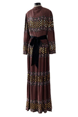 1970s Christian Dior by Marc Bohan Printed Silk Dress w Sequin Detailing & Bow Belt