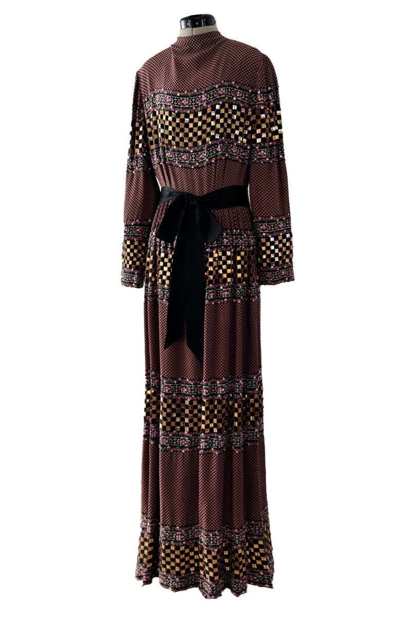 1970s Christian Dior by Marc Bohan Printed Silk Dress w Sequin Detailing & Bow Belt