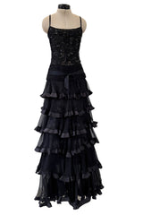 Exquisite Fall 2003 Valentino Beaded Floral Bodice Dress w Ruffled Silk Chiffon Skirting