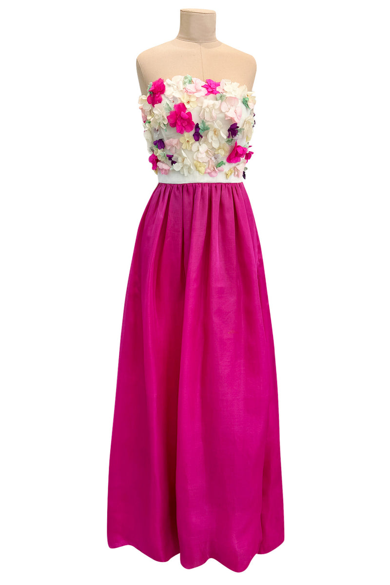 Dreamy 1982 Givenchy Strapless Silk Dress w Floral Appliques & Brilliant Full Pink Skirt