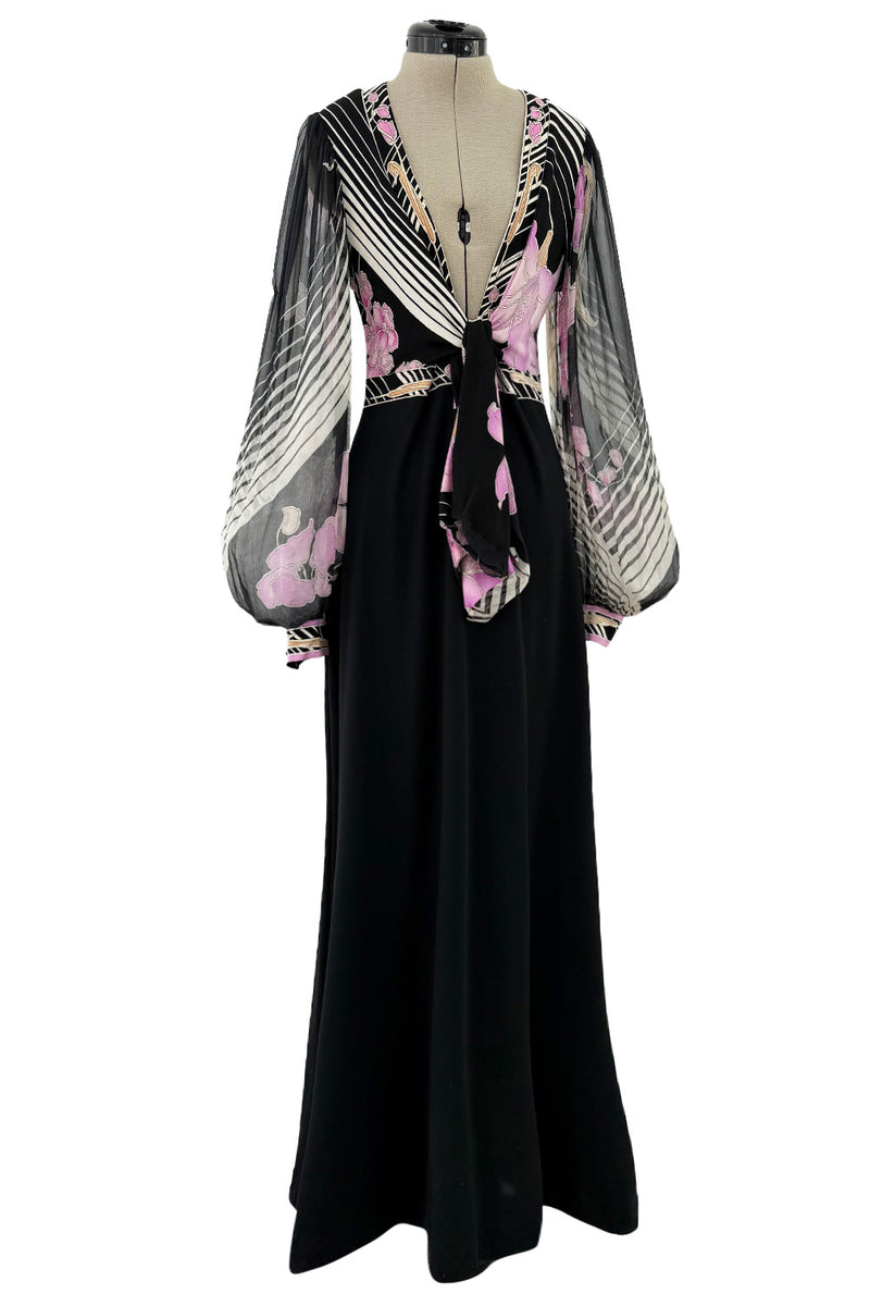 Prettiest 1970s Leonard Paris Printed Silk & Black Jersey Dress w Plunge Front